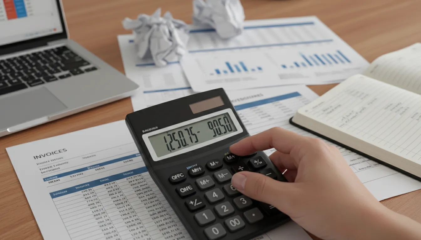 Mão calcula impacto das parcelas no orçamento empresa, com documentos financeiros e planilha de custos ao fundo.