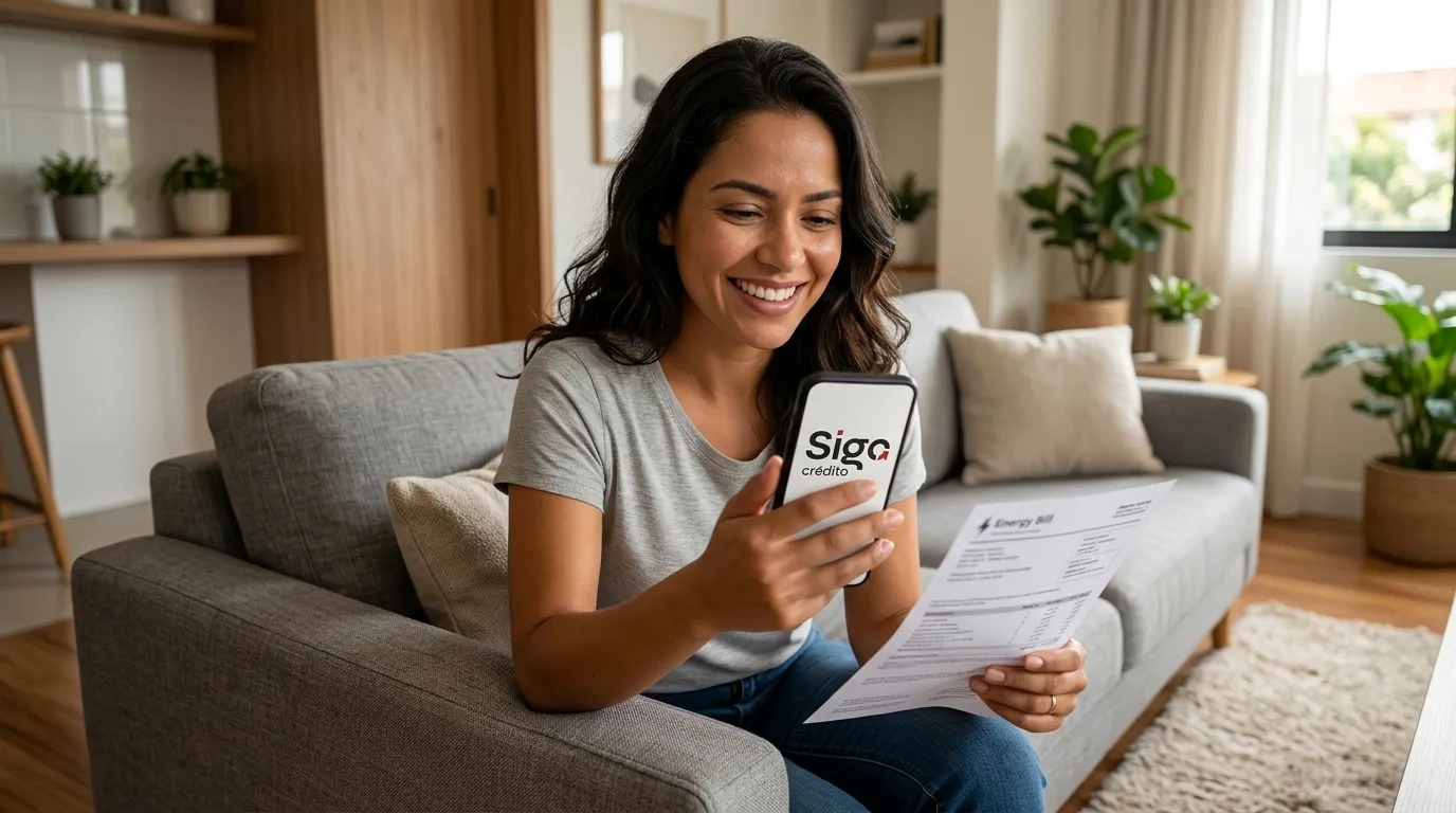 Mulher sorridente com celular contratando empréstimo na conta de luz de forma rápida