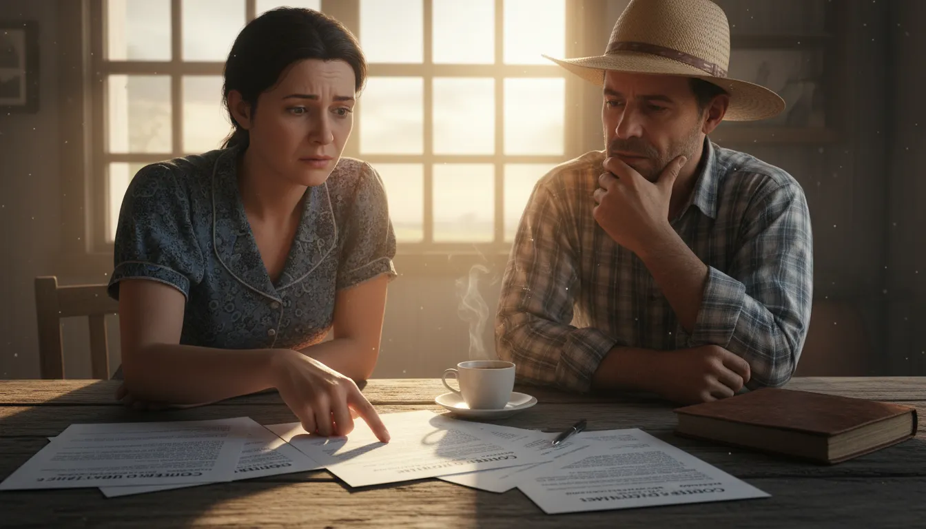 Casal de produtores rurais analisando documentos, preocupados com dívidas e buscando soluções.