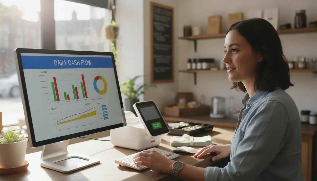 Operador de caixa fazendo fechamento diário com monitor exibindo gráficos de fluxo de caixa