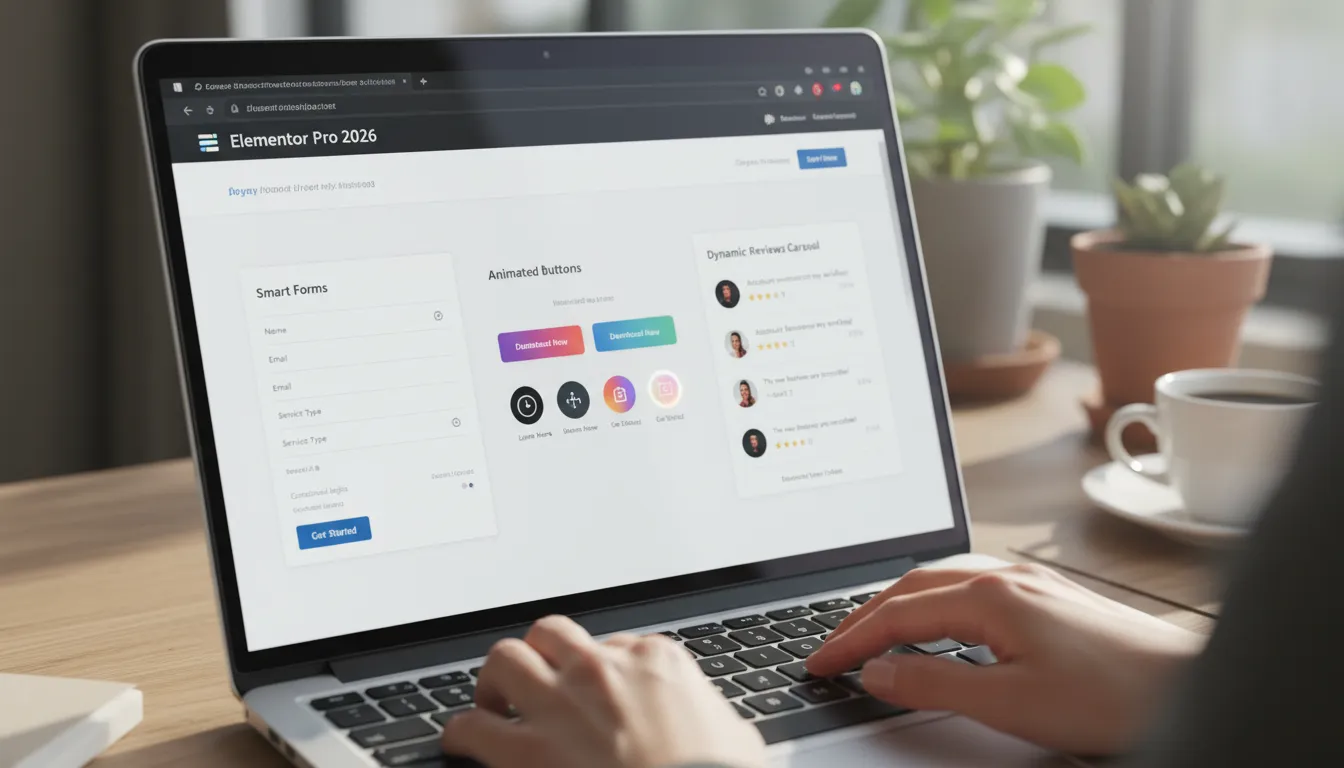 Elementor Pro 2026: Novidades e Como Criar Sites Avançados 1 Tela de computador exibindo widgets atualizados do Elementor Pro 2026 com foco em recursos avançados