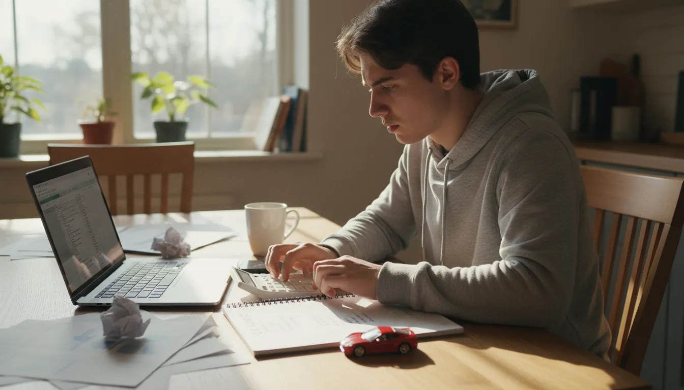Jovem realizando planejamento de orçamento para comprar carro à mesa de casa.