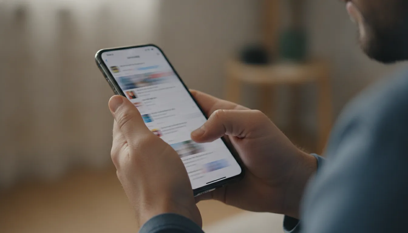 Mãos tremendo segurando smartphone, rolagem infinita redes sociais, simbolizando ansiedade e compulsão.