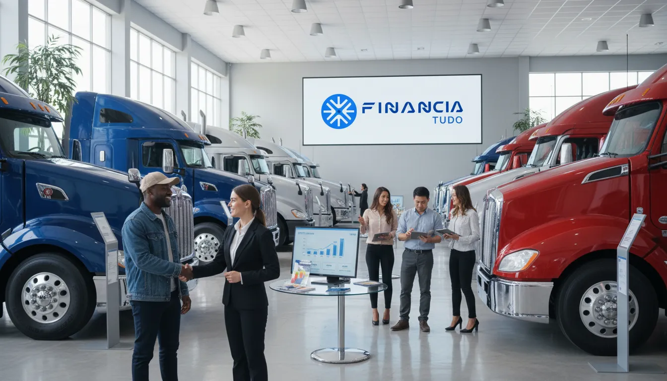 Caminhoneiros em uma concessionária de caminhões, considerando as opções de financiamento para trocar de caminhão por um modelo mais novo.