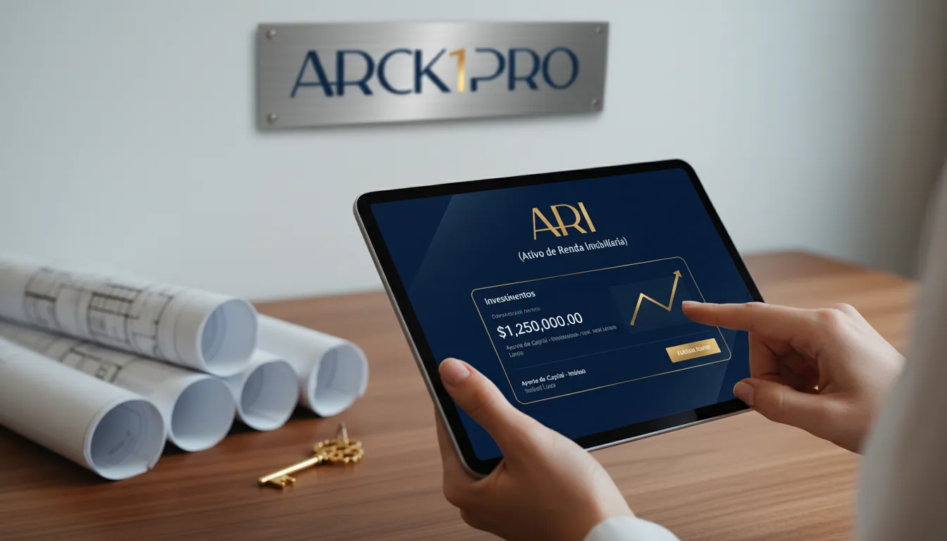 Transação digital de ARI em tablet simboliza investimento imobiliário seguro com garantia de apartamentos.