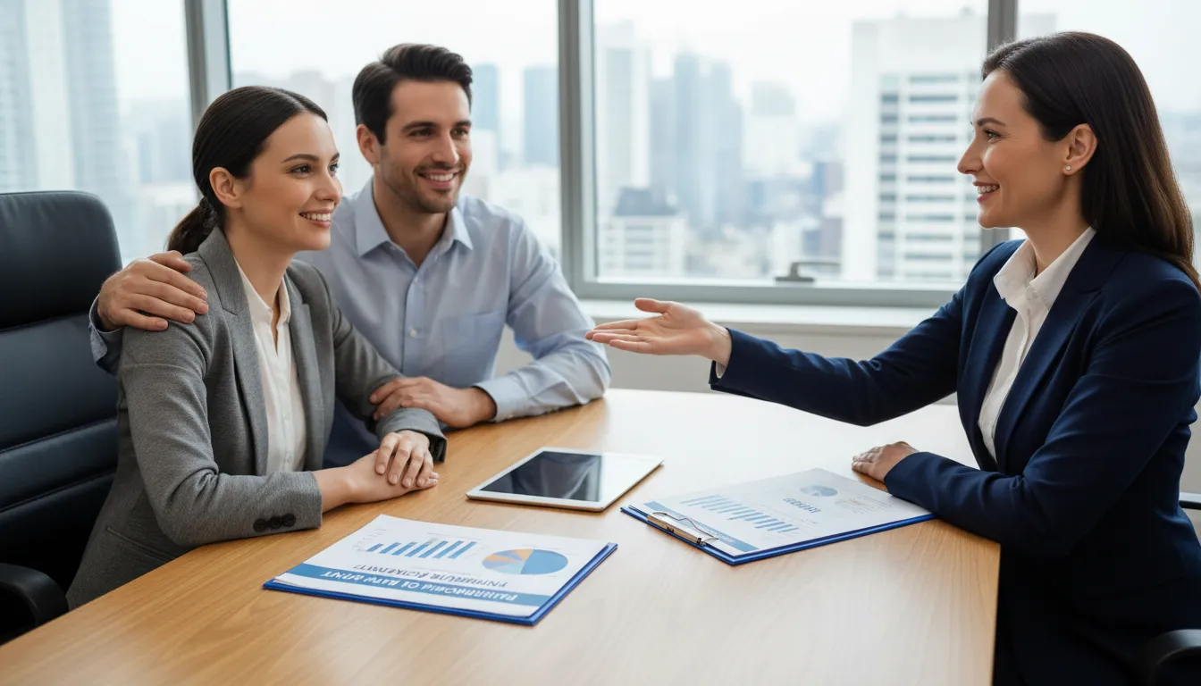 Consultor financeiro orientando casal, demonstrando apoio e confiança para reorganização financeira.