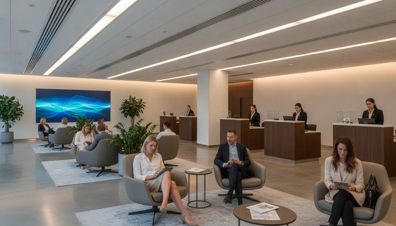 Interior de agência bancária moderna com clientes confortáveis, evidenciando climatização eficaz e bem-estar.