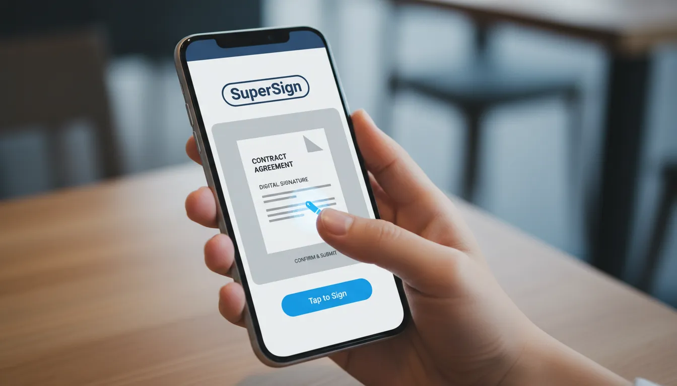 Assinatura digital de um termo de aceite de proposta comercial em um smartphone com a interface intuitiva da SuperSign.
