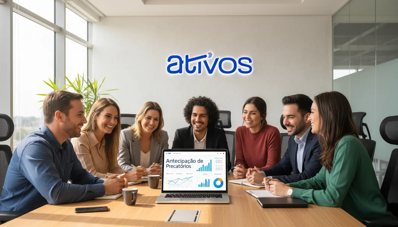 Plataforma digital moderna facilitando a antecipação de precatórios, com credores e brokers colaborando em um ambiente corporativo.