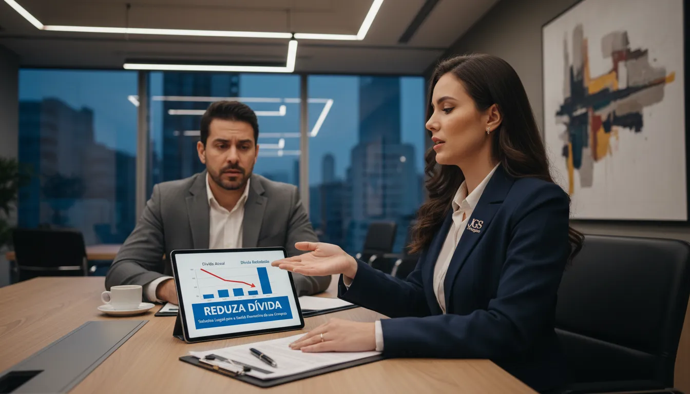 Reunião entre advogado da JGS Advogados e empresário, demonstrando estratégias para a gestão de passivo bancário e redução de dívidas.