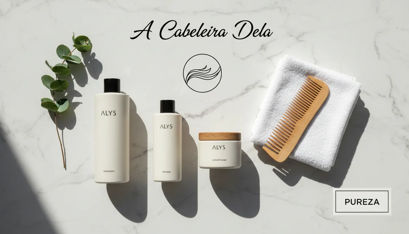 Produtos essenciais para cabelo, toalha e pente dispostos sobre uma superfície clara, compondo uma rotina capilar.