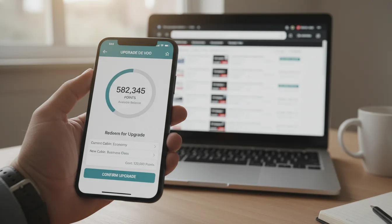 Tela de smartphone mostra milhas aéreas e opção de upgrade de voo, destacando o uso inteligente de pontos.