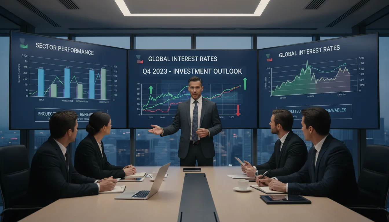 Equipe empresarial debate estratégias com gráficos dinâmicos de variação das taxas de juros.