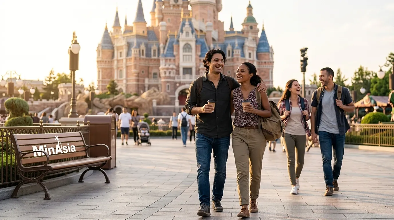 Turistas caminhando felizes em frente ao grande castelo na disneyland shanghai.