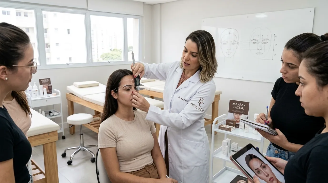 Curso prático ensinando mapeamento facial e design de sobrancelhas para alunas em Campinas.