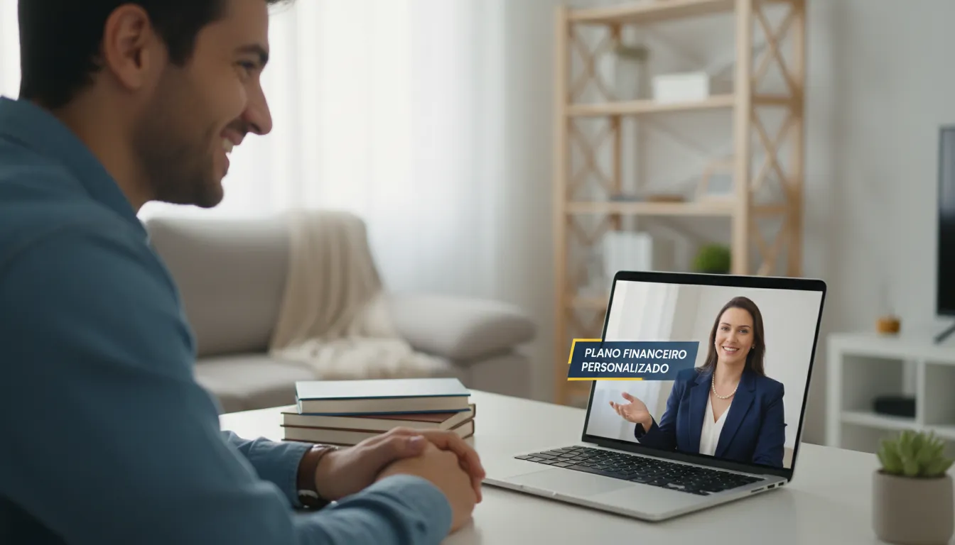 Uma pessoa em videochamada com um consultor financeiro online, recebendo orientação personalizada para finanças pessoais.