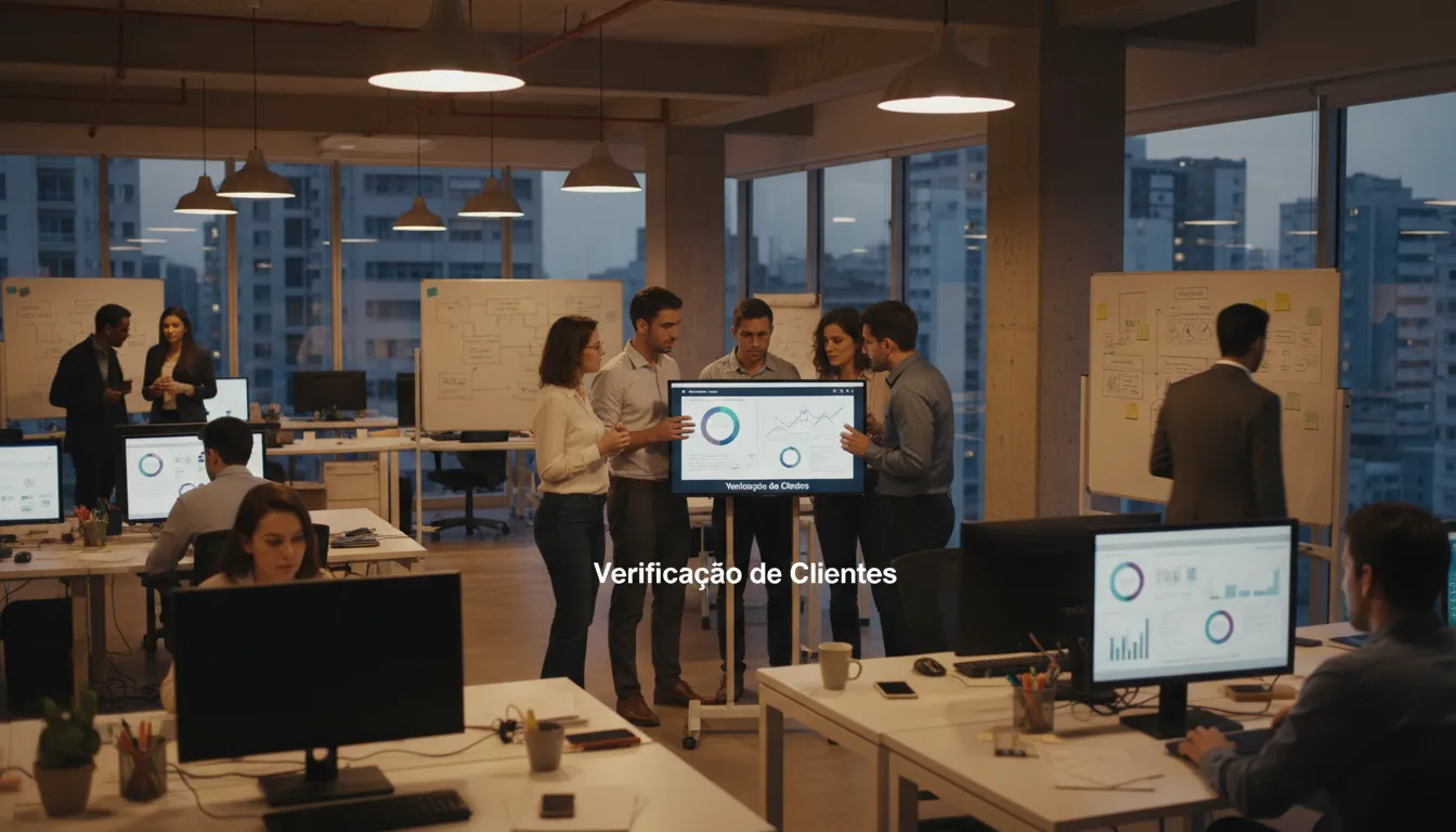 Equipe de trabalho analisando dados de clientes em um escritório.