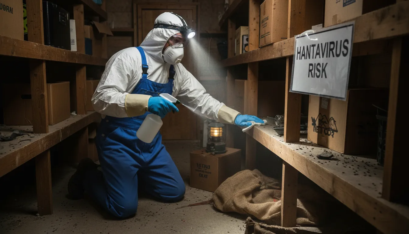 Pessoa com EPIs limpando um ambiente com sinais de roedores para prevenir a contaminação por Hantavírus.