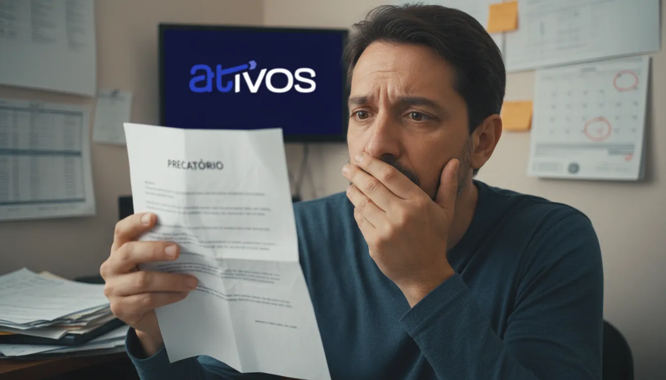 Pessoa preocupada com carta de precatório, representando a espera e a antecipação do pagamento.