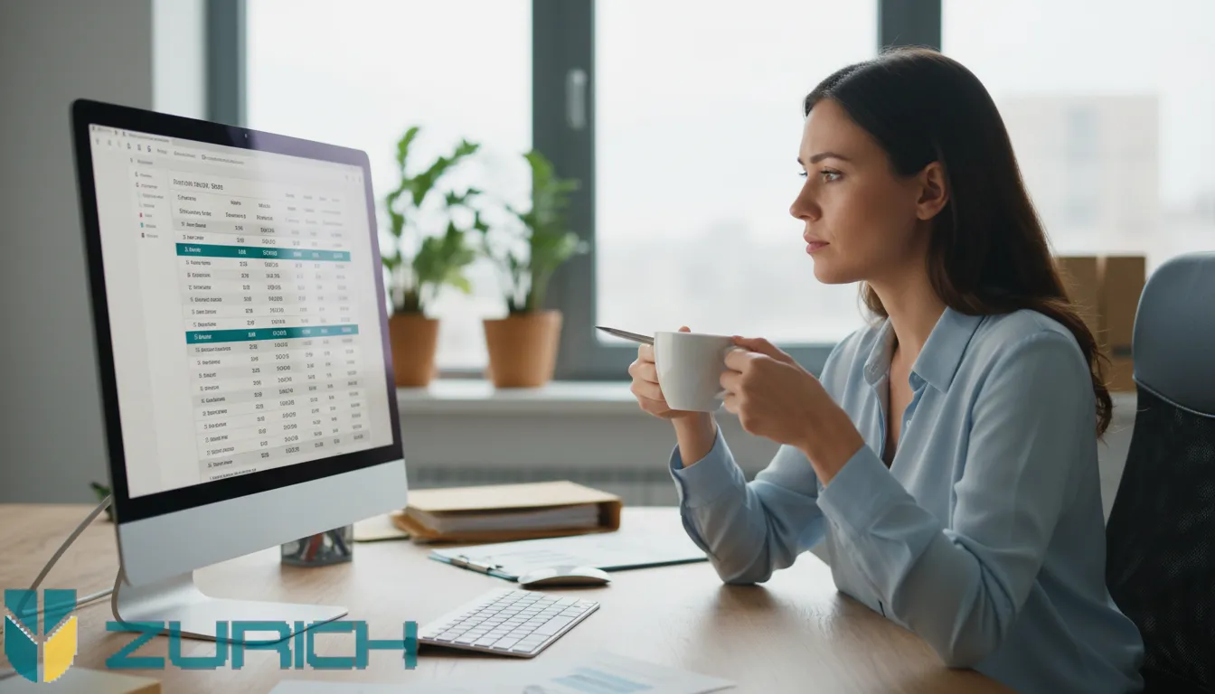 Mulher em escritório moderno analisando holerite digital na tela do computador, com uma balança semi-transparente integrada no canto inferior esquerdo.