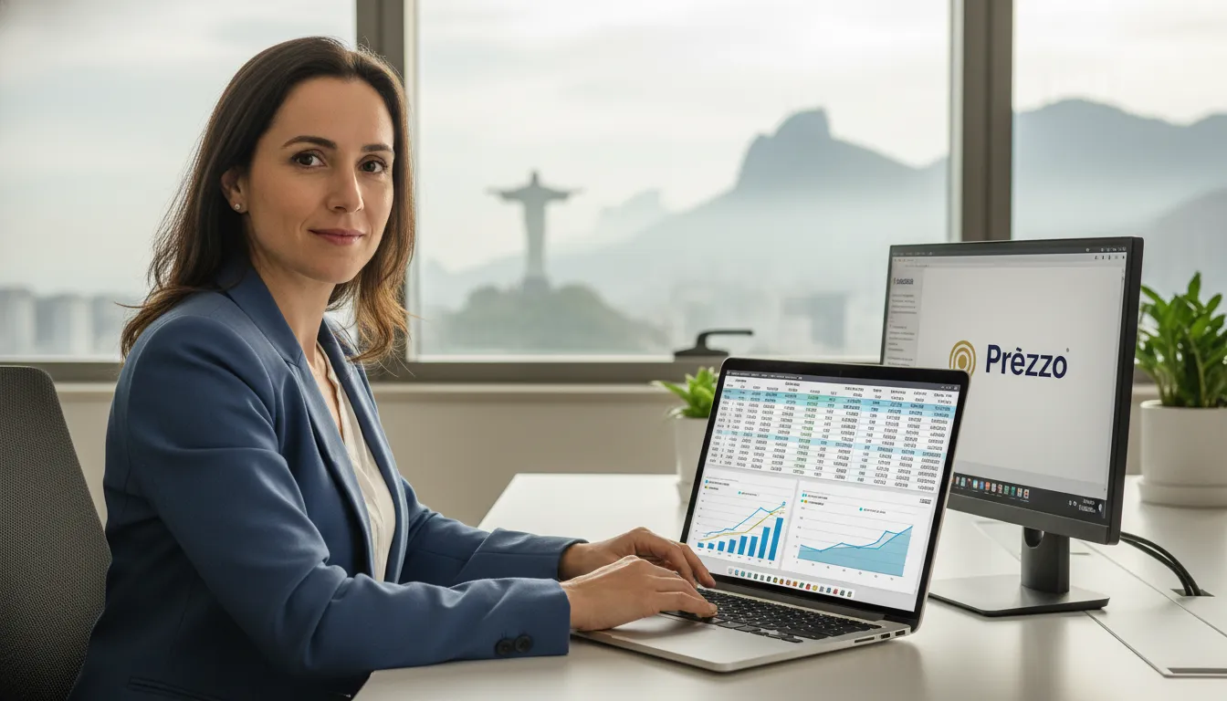 Profissional analisando projeções financeiras em um laptop para a abertura de empresa no Rio de Janeiro, com o Cristo Redentor ao fundo.