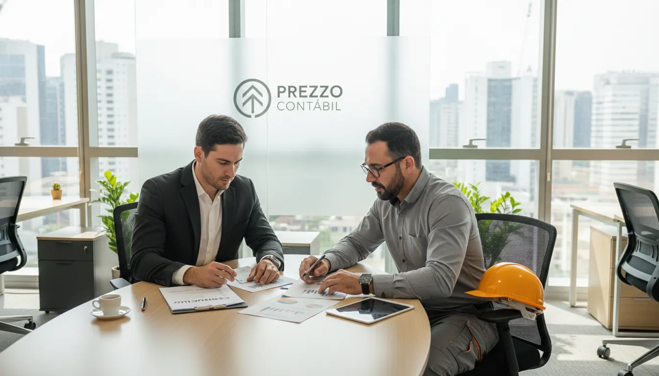 Um consultor financeiro reunido com um empresário da construção civil, analisando relatórios financeiros. Ilustra a contabilidade especializada em construção civil para o crescimento empresarial.