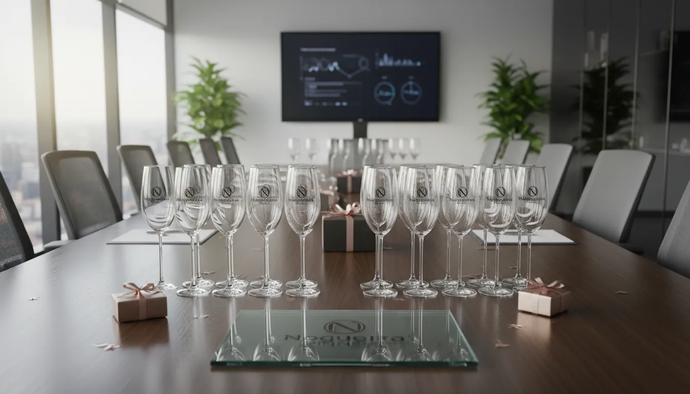 Visão geral de taças de champanhe personalizadas da Nogueira Brindes em uma mesa de conferência. Cenário de escritório moderno e iluminação suave.