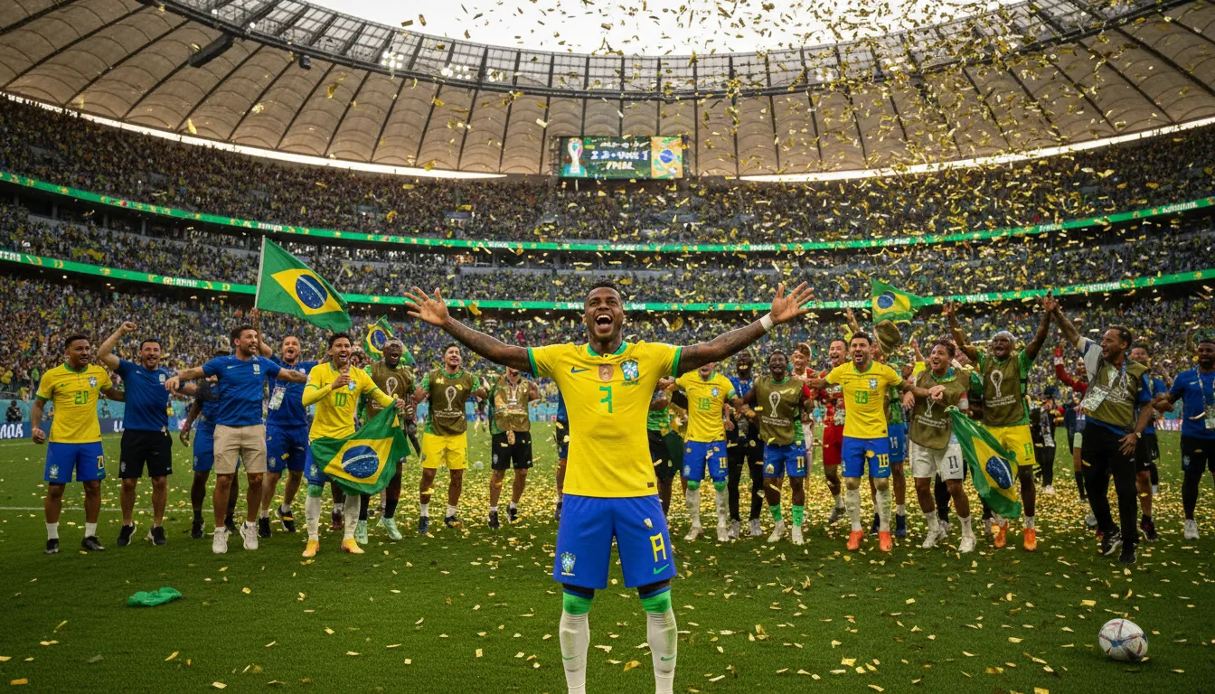 Vinicius Jr. celebra gol na final da copa 2026, com a torcida em êxtase, refletindo a conquista.