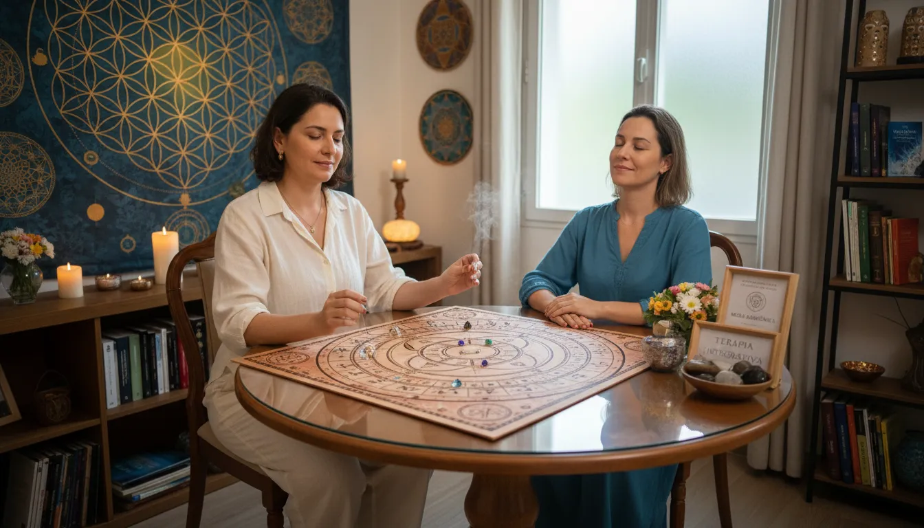 Terapeuta em sessão de mesa radiônica, com ambiente calmo e símbolos de geometria sagrada.