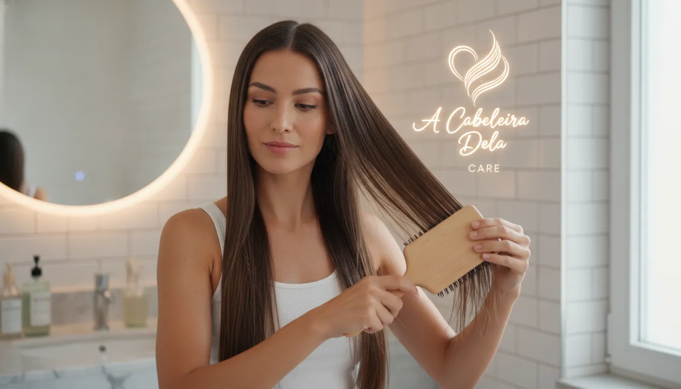 Mulher penteando cabelo com escova antes de usar chapinha sem danificar, focando na preparação dos fios.