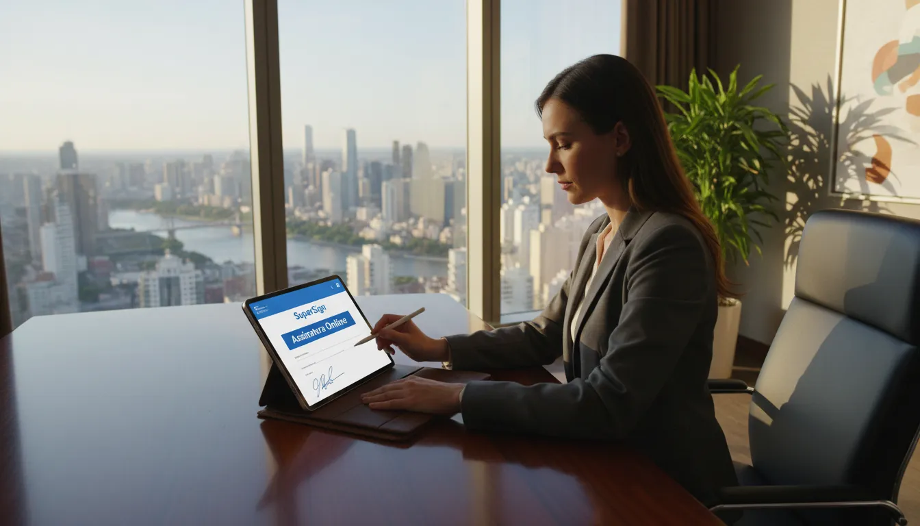 Executivo usando tablet para assinatura eletrônica gratuita em escritório de luxo com vista panorâmica, usando SuperSign.