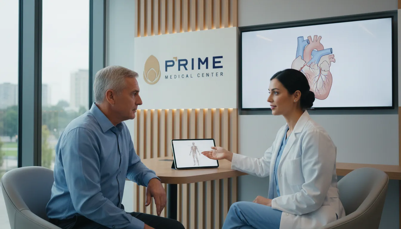 Um médico explicando as causas e opções de tratamento para um paciente preocupado com a próstata aumentada em uma consulta médica.