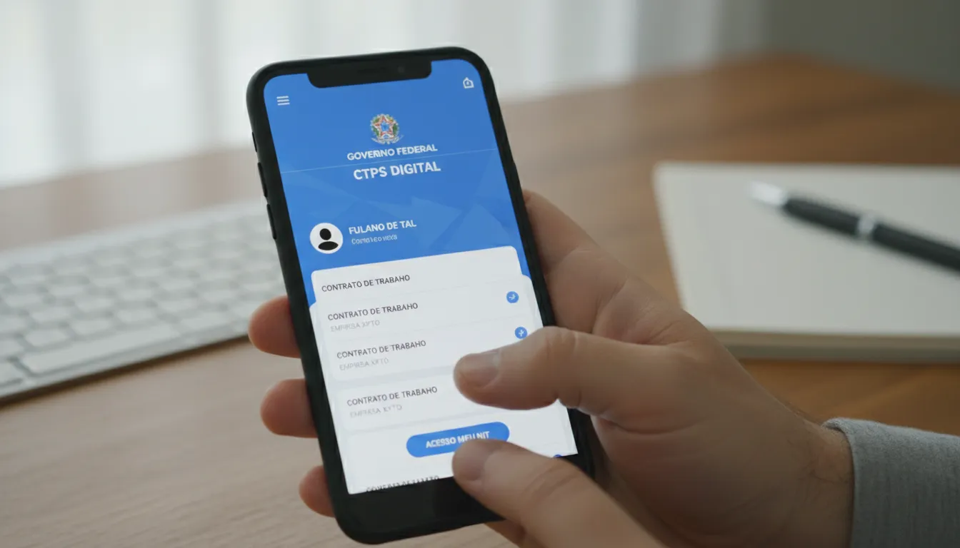 Pessoa acessando CTPS digital no celular com logo governamental ao fundo