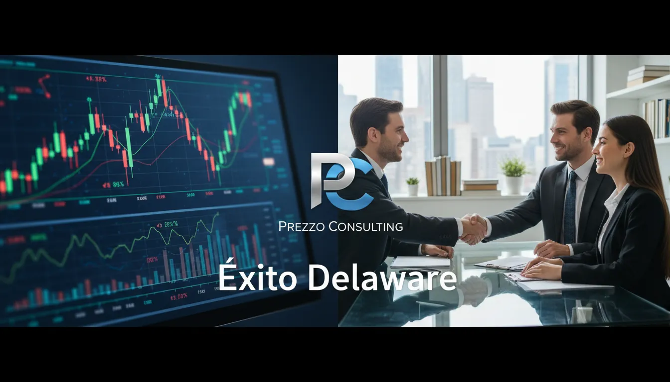 Gráficos financieros y apretón de manos simbolizan el éxito en la apertura de empresa en Delaware. Prezzo Consulting impulsa tu negocio.