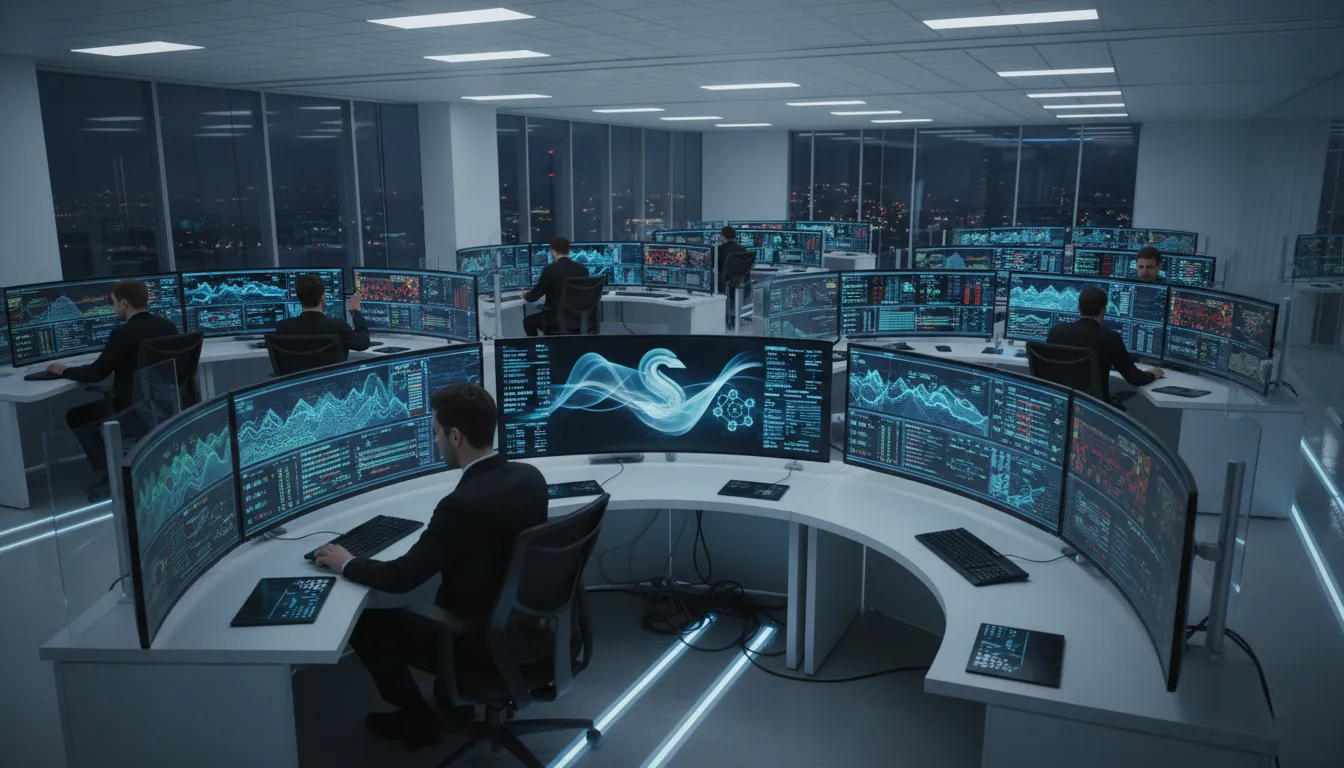 Centro de operações de rede com monitoramento em tempo real, representando a gestão contínua de um data center corporativo.