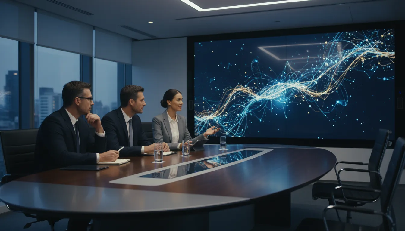 Executivos assistindo a um vídeo institucional para empresas que transmite autoridade e confiança em uma sala de reunião moderna.