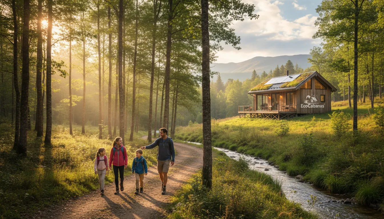 Família aproveitando atividades ao ar livre perto de sua cabana em pousada rural, caminhando em trilha ensolarada.