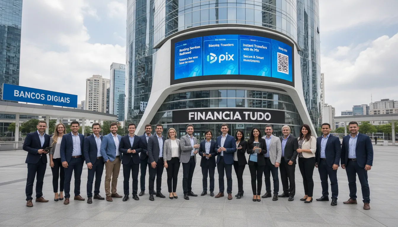 Grupo diverso em frente a um prédio moderno, simbolizando o futuro das finanças com bancos digitais e pix. Imagem para Financia Tudo.