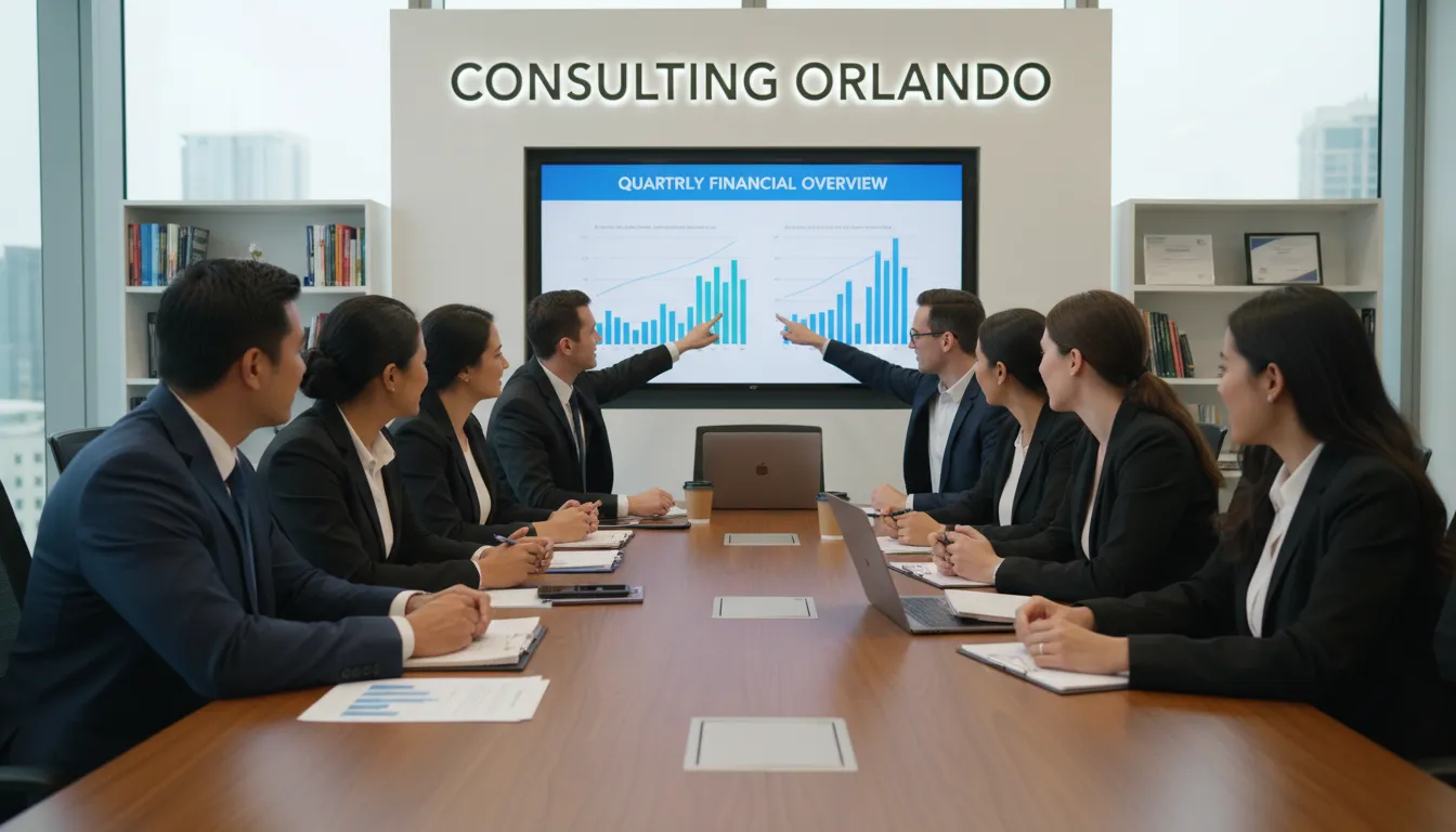 Equipe diversificada reunida em um Escritório de Contabilidade em Orlando, colaborando e analisando dados para oferecer as melhores soluções financeiras. Prezzo Consulting.