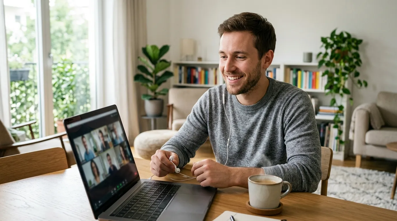Homem sorri em consulta de terapia online para vencer bloqueios emocionais.