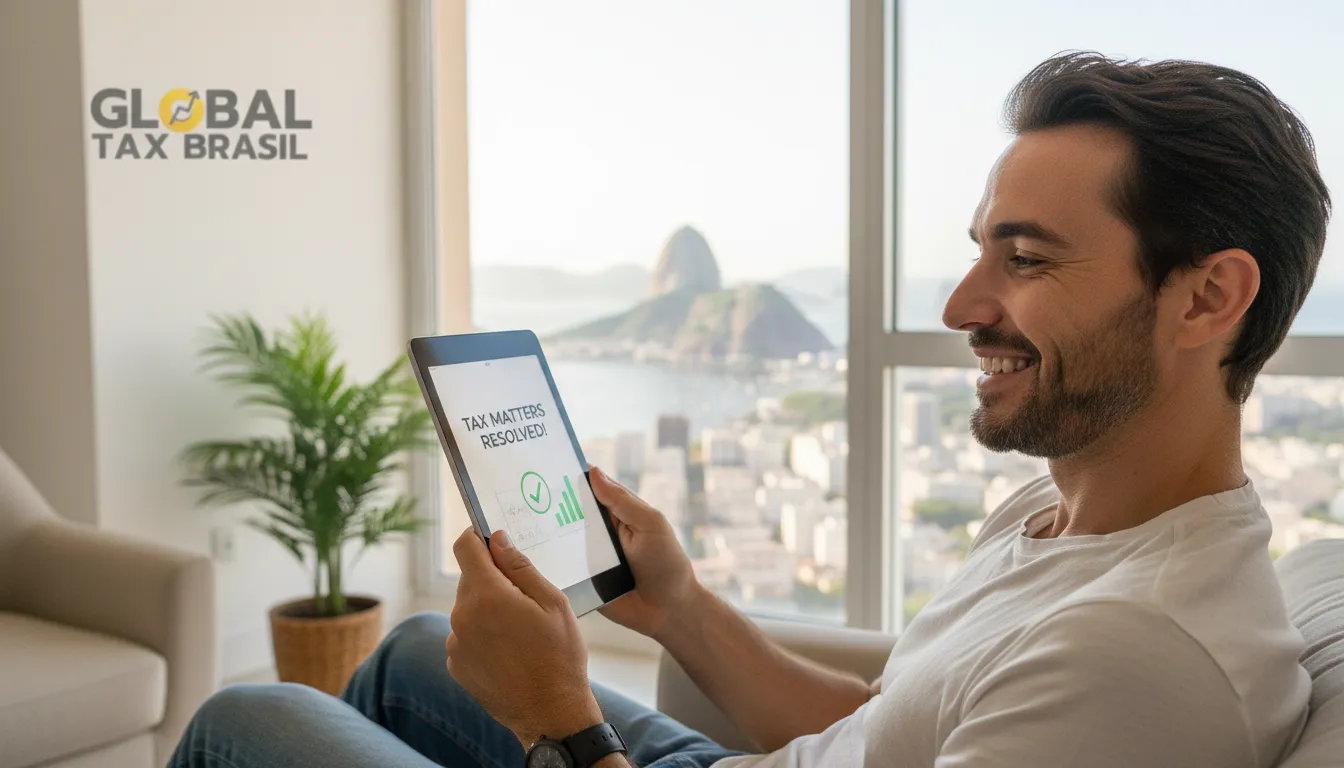 Pessoa feliz e aliviada após resolver suas questões como residente fiscal no Brasil.