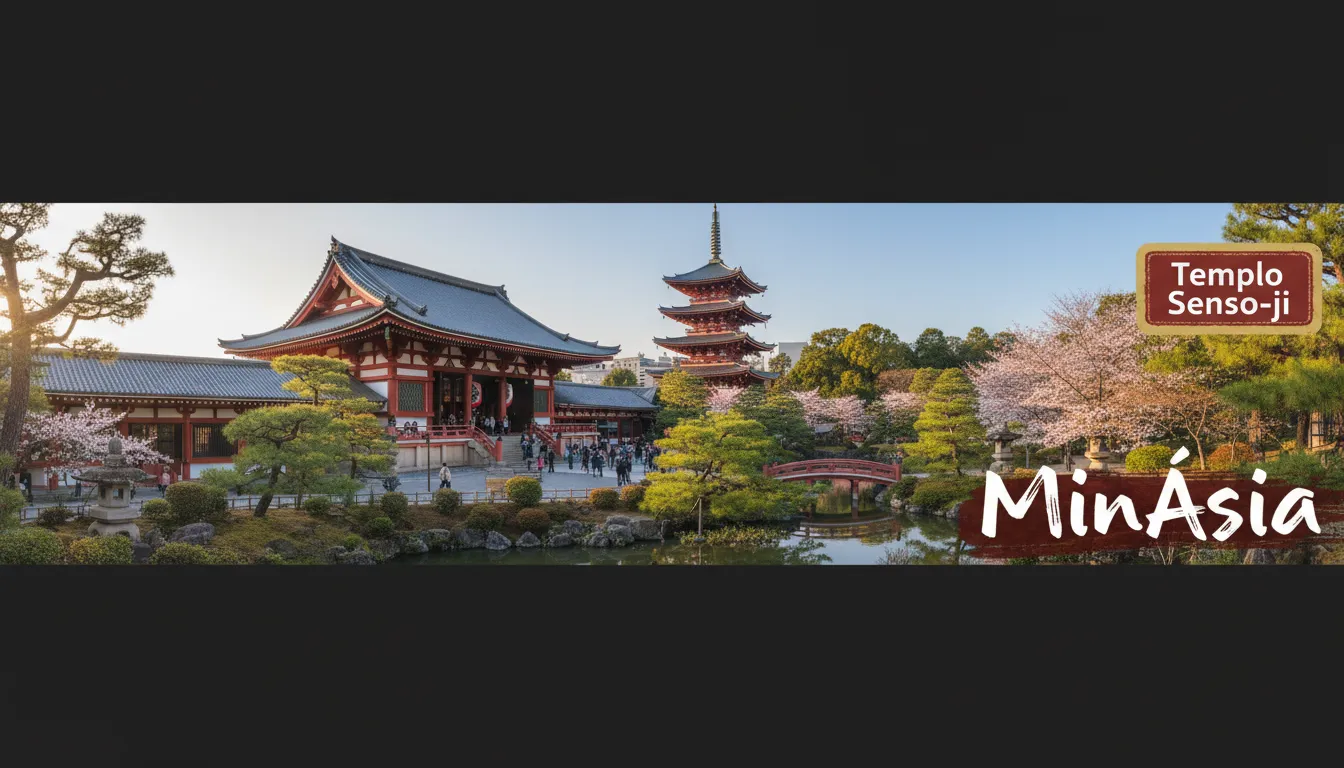 Vista panorâmica do complexo do templo senso-ji, mostrando a beleza da paisagem japonesa e a harmonia arquitetônica do templo.