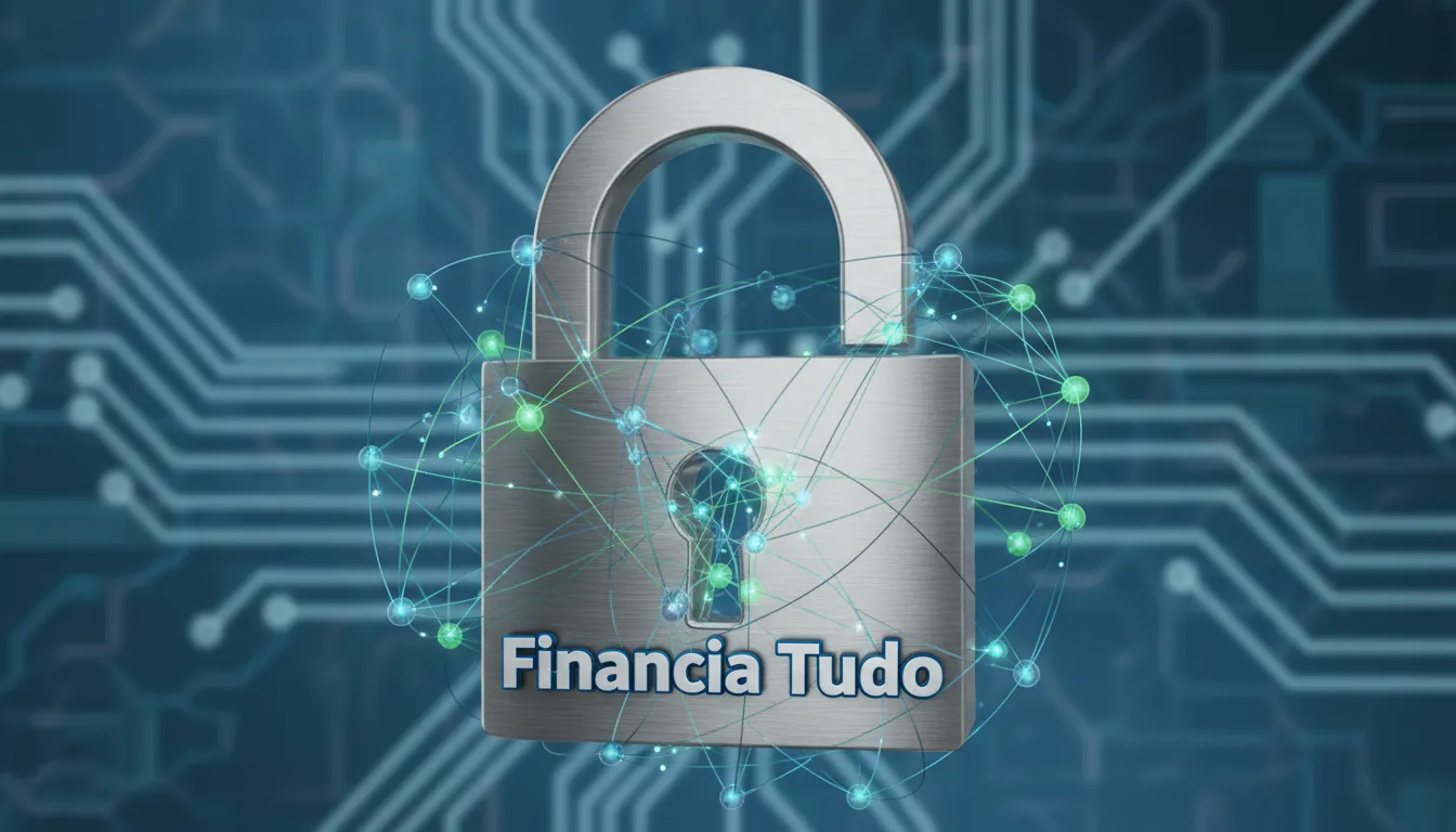 Ícone de cadeado com nós interconectados, simbolizando a rede de segurança da tecnologia financeira e a garantia de que fintechs são seguras.