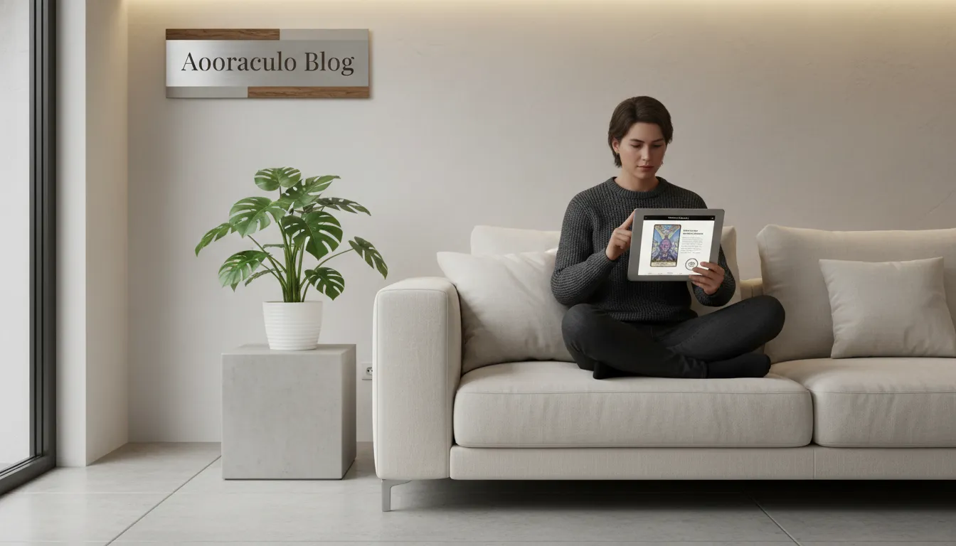 Jovem acessando o Aooraculo Blog para revolucionar vida pessoal com leituras de tarot em um ambiente moderno e minimalista.