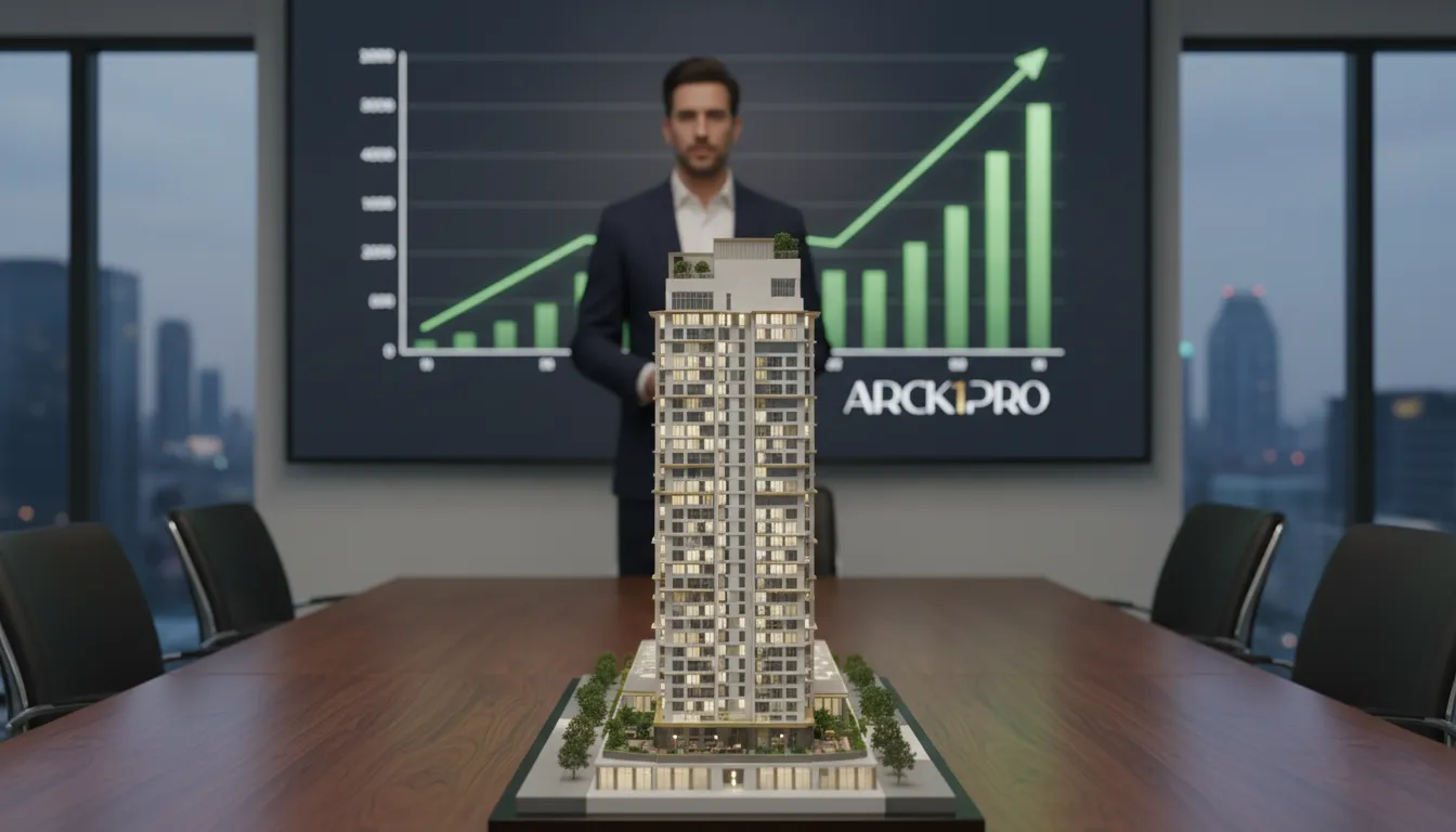 Maquete de luxo e gráfico de crescimento ilustram potencial de investimento imobiliário de alto padrão.