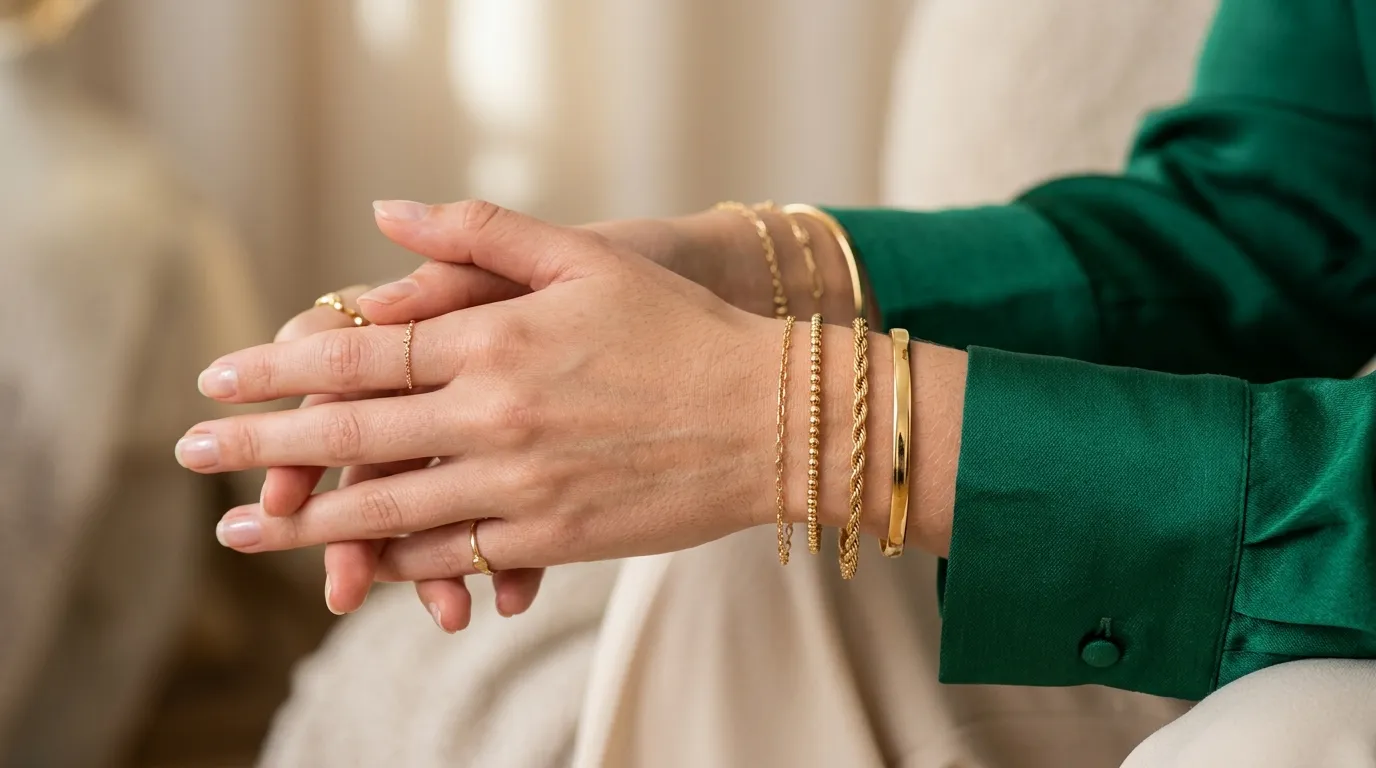 Detalhe de delicadas pulseiras de ouro em punho feminino com blusa verde.