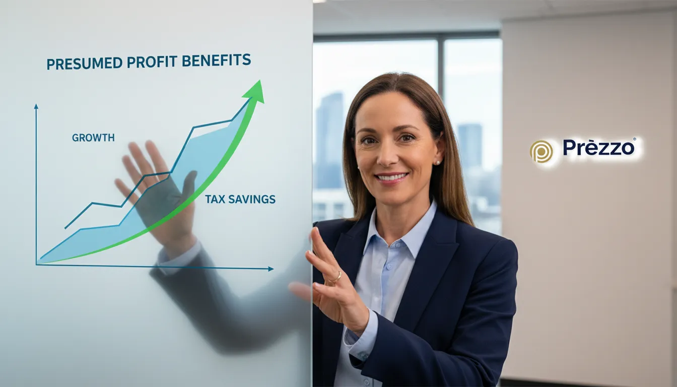 Consultor financeiro explicando os benefícios do regime de lucro presumido para o crescimento de pequenas empresas.