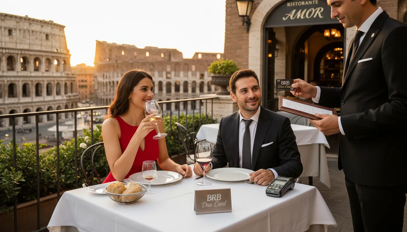Um casal desfruta de um jantar romântico em Roma, pagando a conta com o cartão brb dux e aproveitando os benefícios de alta pontuação.