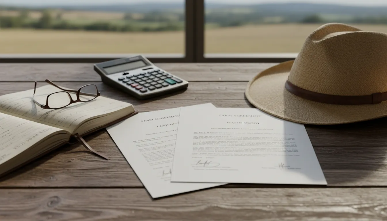 Documentos legais e chapéu de produtor rural sugerindo organização de documentação para recuperação judicial