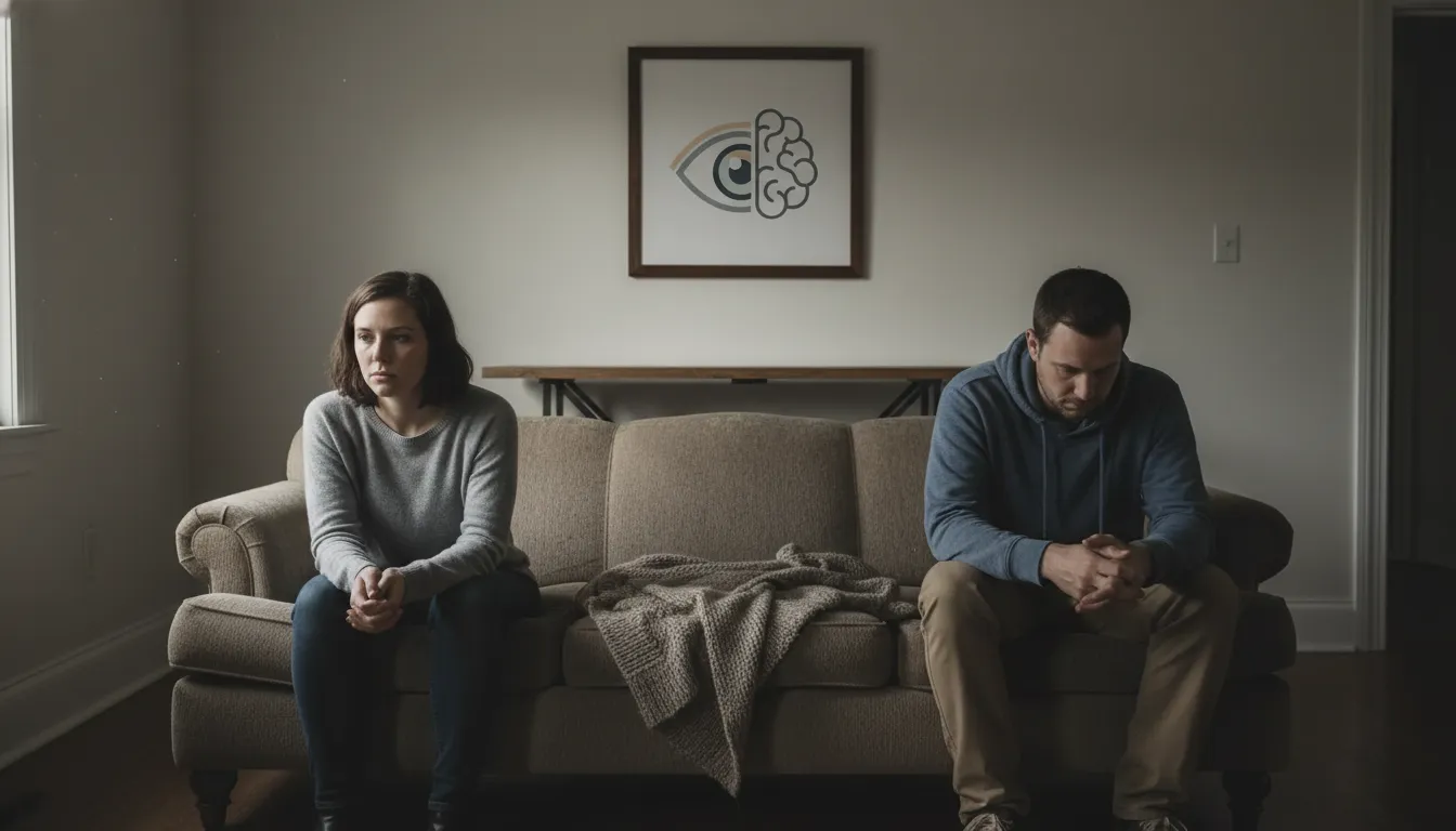 Casal sentado no sofá de costas um para o outro, representando a tensão dos comportamentos silenciosos e do distanciamento emocional.